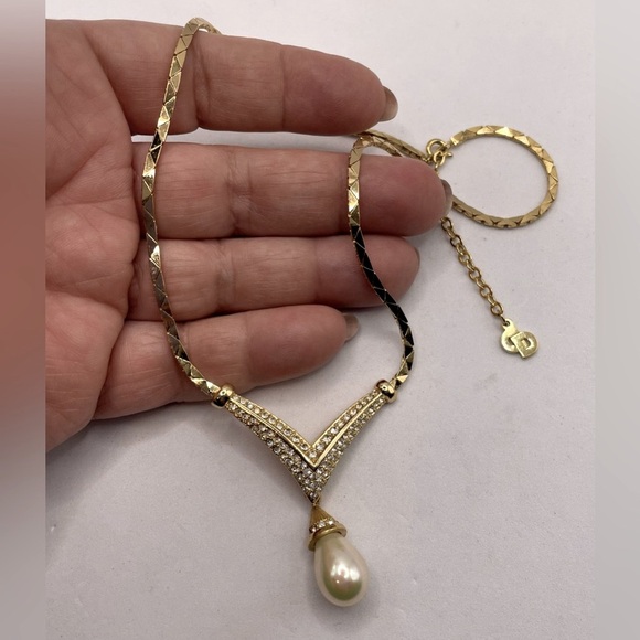 Dior Jewelry - Vintage 1980s Signed Christain Dior Gold Plated Necklace Crystals Faux Pearl